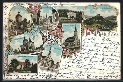 Lithographie Lahr / Baden, Storchenturm, Burgheimer Kirche, Schillerstrasse m. Kath. Kirche