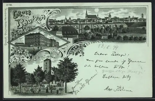 Mondschein-Lithographie Bautzen, Teilansicht, Neue Kaserne, Mönchwalder Berg