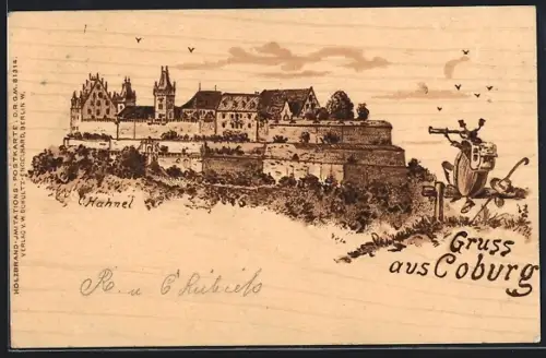 Holzbrand-Imitations-AK Coburg, Käfer mit Wanderstock blickt auf den Ort durch ein Fernglas