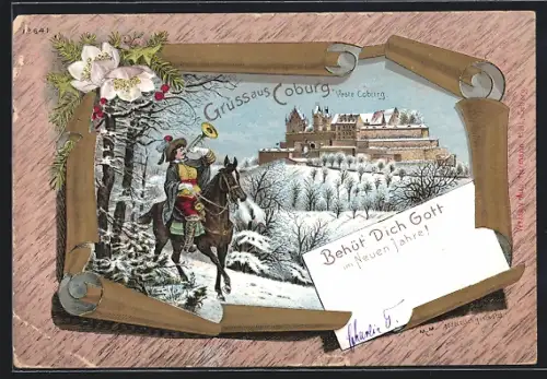 Passepartout-Lithographie Coburg, Veste Coburg mit Trompeter zu Pferde im Winter, Behüt Dich Gott, Neujahrsgruss