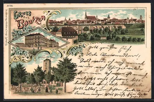 Lithographie Bautzen, Teilansicht, Neue Kaserne, Restaurant Mönchwalder Berg