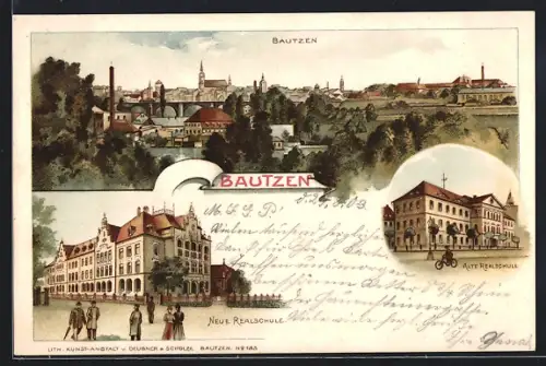 Lithographie Bautzen, Totalansicht, Neue Realschule, Alte Realschule