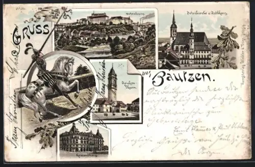 Vorläufer-Lithographie Bautzen, 1895, Ortenburg, Petrikirche und Rathaus, Reichen-Turm