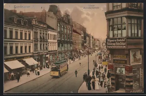 AK Saarbrücken, Obere Bahnhofstrasse mit Geschäften und Strassenbahn