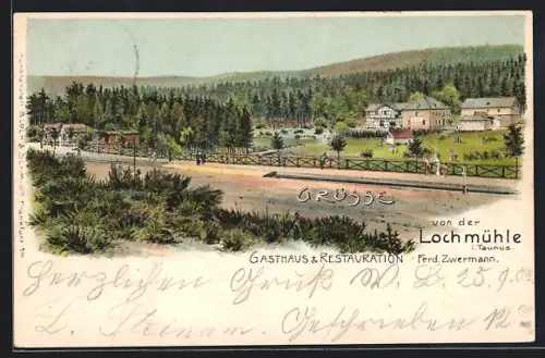 Lithographie Wehrheim / Taunus, Teilansicht mit Gasthaus Lochmühle