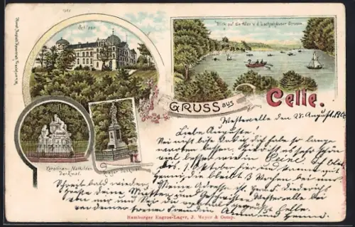 Lithographie Celle, Schlos, Karolinen-Mathilden-Denkmal, Krieger-Denkmal