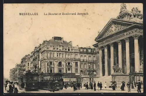AK Bruxelles, La Bourse et Boulevard Anspach, Strassenbahn