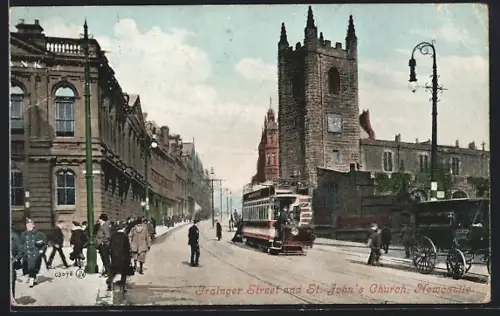 AK Newcastle, Grainger Street and St. John`s Church, Strassenbahn