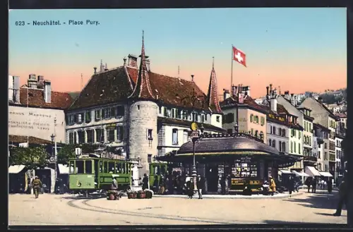 AK Neuchatel, Place Pury, Strassenbahn