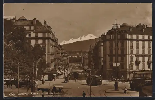 AK Genève, Rue du Mont Blanc, Strassenbahn