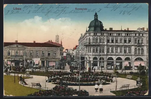 AK Libau, Rosenplatz mit Strassenbahn