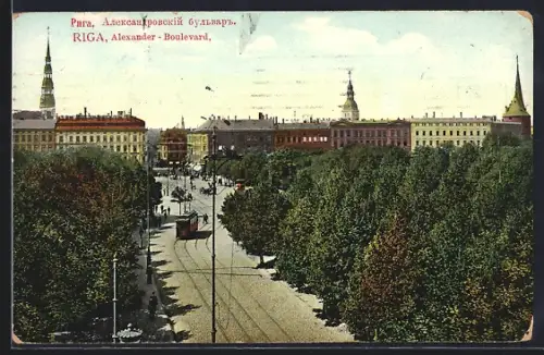 AK Riga, Alexander-Boulevard mit Strassenbahn