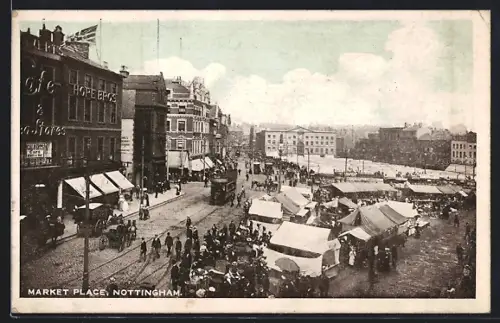 AK Nottingham, Market Place, Strassenbahn