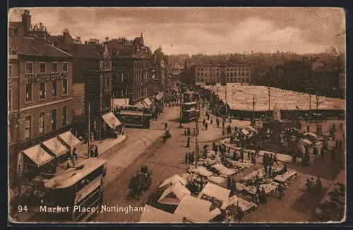 AK Nottingham, Market Place, Strassenbahn