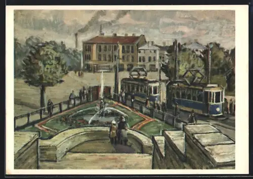 Künstler-AK Tallinn, Vaade Viruväljakule, Strassenbahn