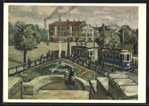 Künstler-AK Tallinn, Vaade Viruväljakule, Strassenbahn