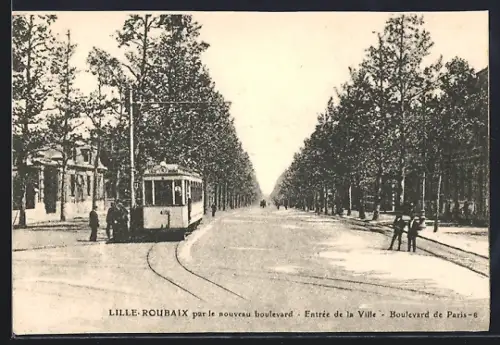 AK Lille-Roubaix, par le nouveau boulevard, Entrée de la Ville, Boulevard de Paris, Strassenbahn