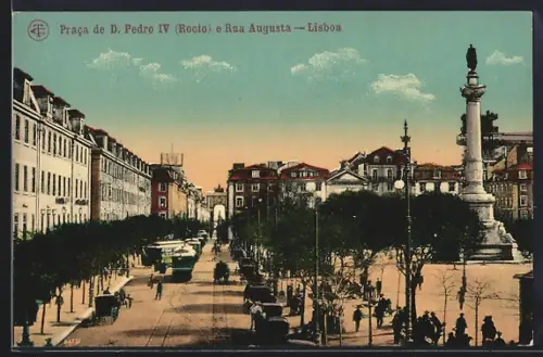 AK Lisboa, Praca de D. Pedro IV e Rua Augusta, Strassenbahn