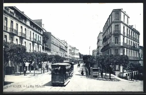 AK Alger, La Rue Michelet, Strassenbahn