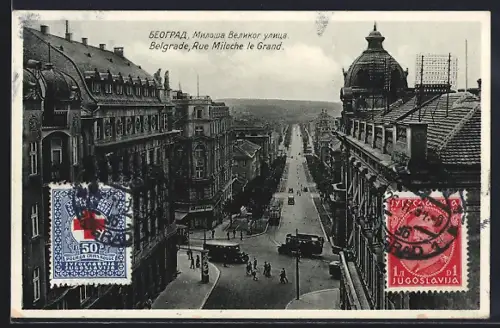 AK Belgrade, Rue Miloche le Grand, Strassenpartie mit Strassenbahn