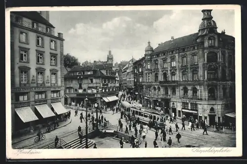 AK Pforzheim, Leopoldplatz, Strassenbahn, Geschäfte von E. Lederer und Jos. Hogo