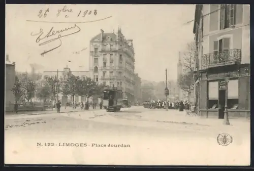 AK Limoges, Place Jourdan, Strassenbahn