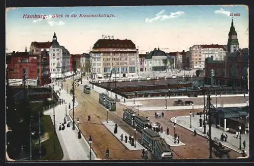 AK Hamburg-Neustadt, Strassenbahnen in der Ernstmerkstrasse, Pferdekutsche
