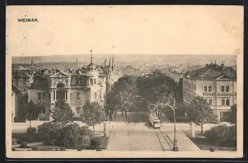 AK Weimar / Thür., Teilansicht mit Hotel Kaiserin Auguste und Strassenbahn