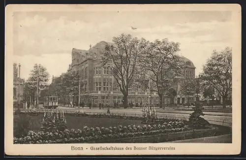 AK Bonn, Gesellschaftshaus des Bonner Bürgervereins, Strassenbahn