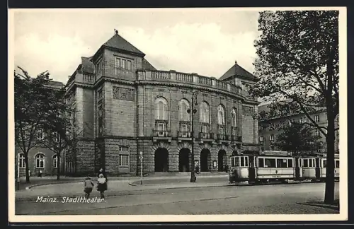 AK Mainz, Stadttheater mit Strassenbahn