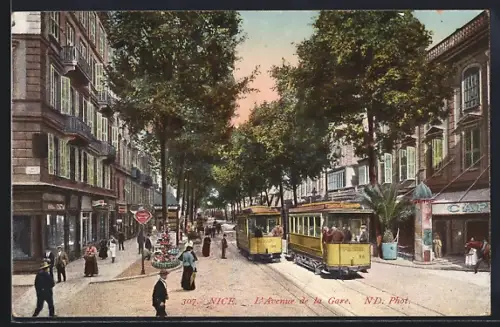 AK Nice, Strassenbahnen, L' Avenue de la Gare