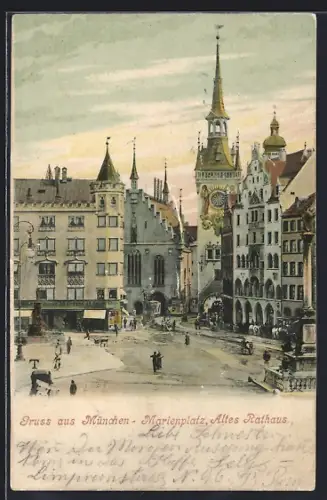AK München, Altes Rathaus und Geschäft am Marienplatz