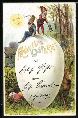 Lithographie Zwei Zwerge stehen auf einem grossen Osterei und blicken zum Osterhasen