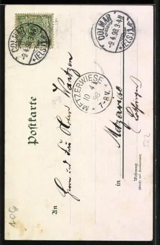 Lithographie Zwei Zwerge stehen auf einem grossen Osterei und blicken zum Osterhasen