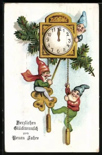 Künstler-AK Zwerge mit einer Uhr, die Mitternacht zeigt, Neujahr