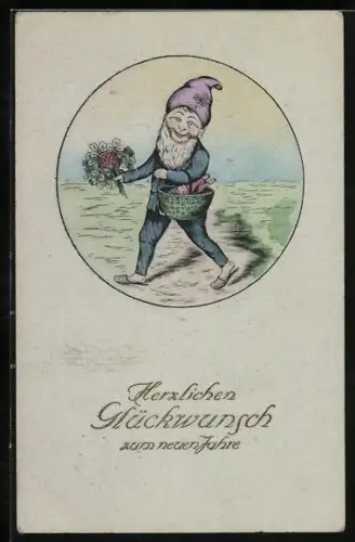 Künstler-AK Zwerg mit einem Strauss aus Klee und Sekt in einem Korb, Neujahr