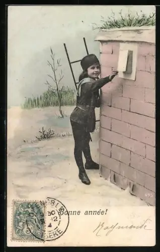 AK Schornsteinfeger mit Leiter reisst ein Kalenderbatt ab, Bonne année