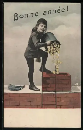 AK Schornsteinfegermädchen schüttet Münzen in den Schornstein, Bonne année