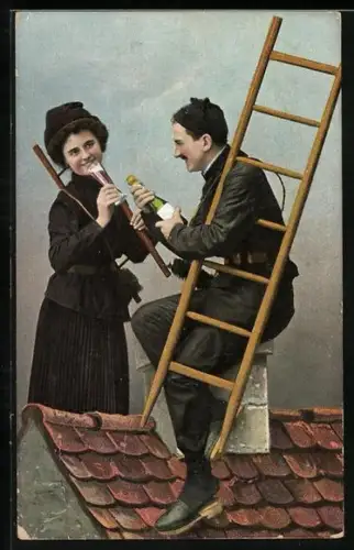 AK Schornsteinfeger trinkt mit einer Frau Sekt auf einem Dach