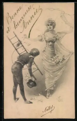 Lithographie Schornsteinfeger verbeugt sich vor einer schönen Frau, Neujahr