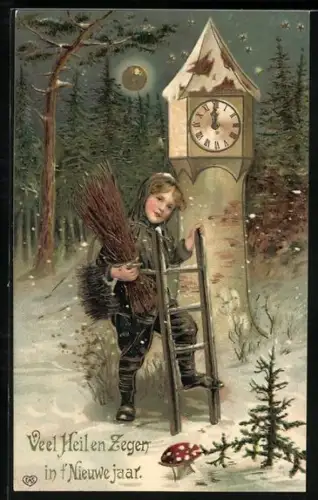 Künstler-AK Schornsteinfeger Junge schaut verträumt, Turmuhr steht auf 12