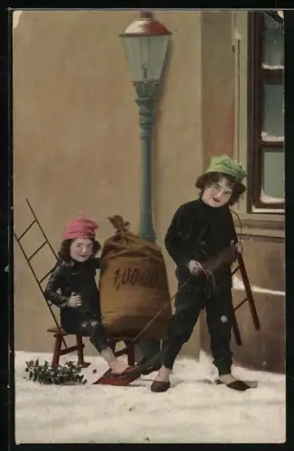 AK Zwei kleine Schornsteinfeger mit einem Geldsack auf einem Schlitten