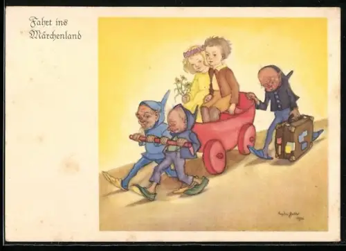 Künstler-AK Zwerge fahren zwei Kinder in einer Kutsche umher, Fahrt ins Märchenland