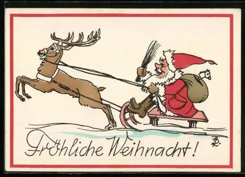 Künstler-AK Weihnachtsmann fährt auf seinem Schlitten durch den Schnee, Fröhliche Weihnacht
