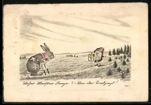 AK Zwerg begrüsst einen verletztem Osterhasen