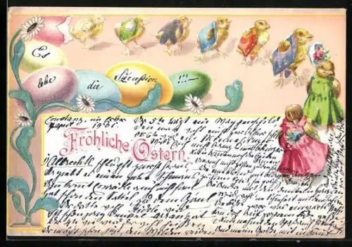 Lithographie Eine Parade Osterküken mit Ostereiern, Fröhliche Ostern