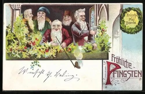 Lithographie Zwerge stossen auf einem Balkon an, Fröhliche Pfingsten