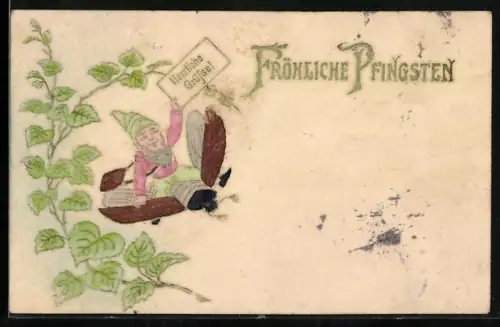 Präge-AK Zwerg fliegt auf einem Maikäfer und hält ein Schild in der Hand, Fröhliche Pfingsten