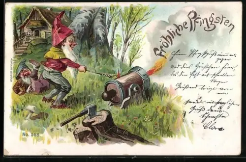 Lithographie Zwerge schiessen mit einer Kanone an Pfingsten