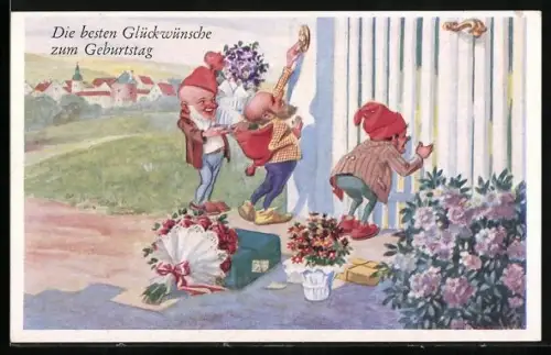 Künstler-AK Zwerge bringen Geschenke zum Geburtstag